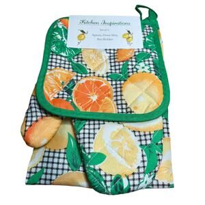 NEW Kitchen Inspirations Set of 3 Apron, Oven Mitt, Pot Holder Citrus Pattern